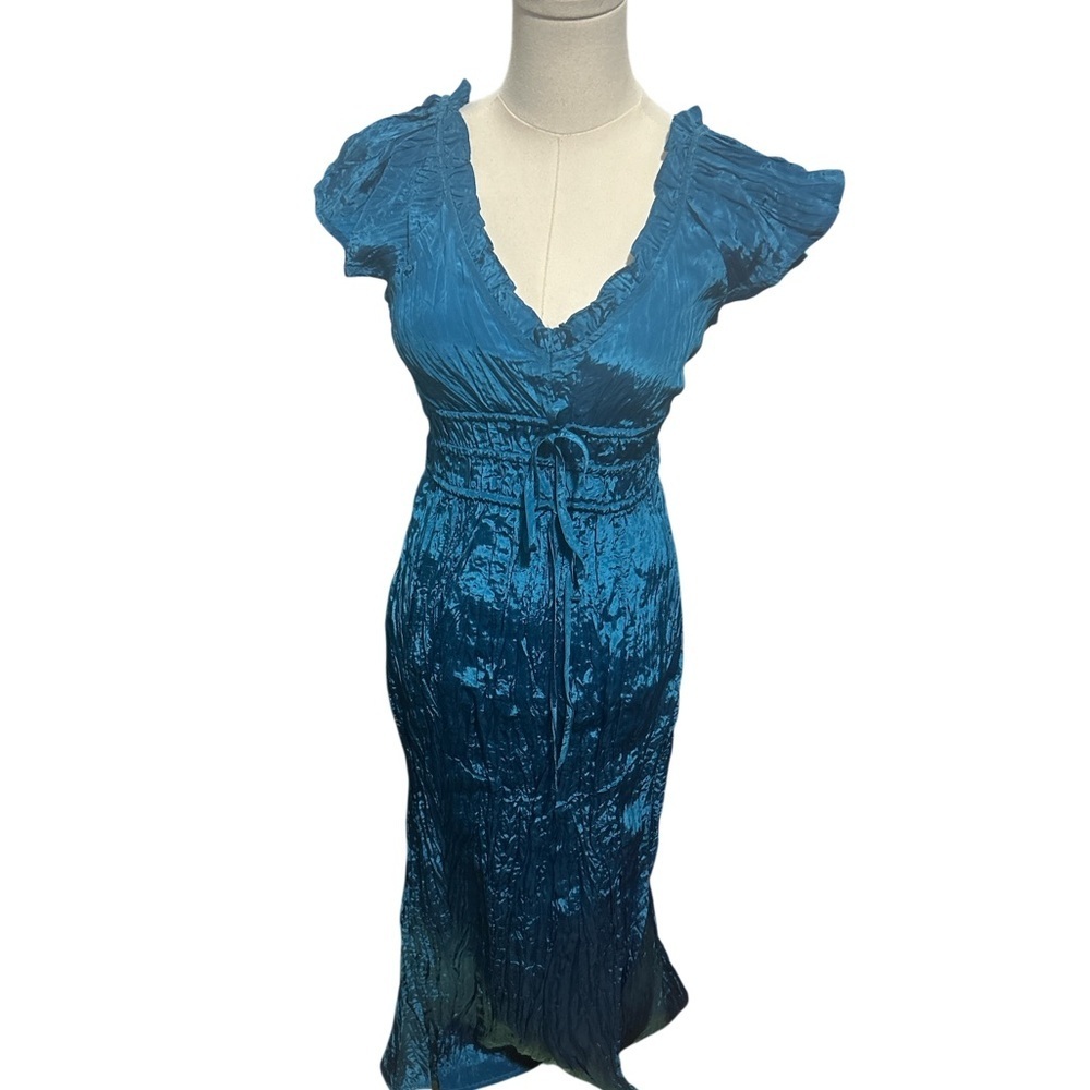 New J.Crew Palermo Crinkle Maxi Dress Nordic Sea Blue Flutter Sleeve V Neck XXS - Picture 3 of 8